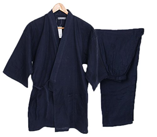 Soojun Men's Solid Color Kimono Top with Pocket and Pant Pajamas Set