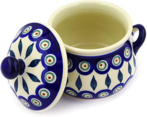 Polish Pottery 16 oz Bouillon Cup with Lid (Peacock Leaves Theme) + Certificate of Authenticity - Thumbnail 2