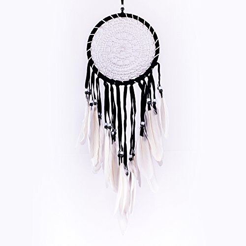 Caught Dreams Dream Catcher ~ Black and White Crochet Style with White Feathers and Beads 6.5 inch x 16 inches