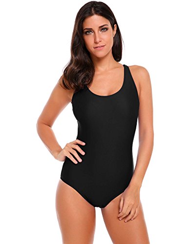 Ekouaer Swimsuits Women's Solid Hollow Back Swimwear 1 Piece Bathing Suits (Black, Large)