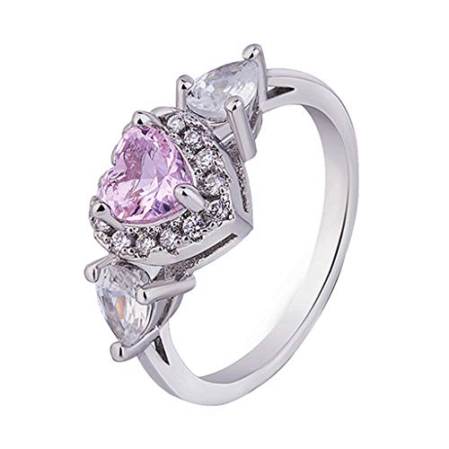 Haluoo Amethyst Rings, Three Hearts Oval Cut Fire Opal Statement Ring Fashion Gemstone Engagement Wedding Promise Ring Emerald Cut Eternity Bands for Women Girls Size 6-10 (6, Silver)