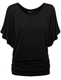 BMS Womens Short Sleeve Boat Neck Solid Shirring Dolman Drape Top Tee Shirt