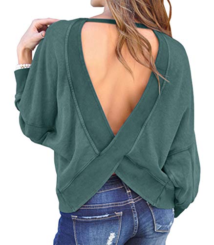 BTFBM Women's Backless Loose Shirt Long Sleeve Open Back Cross Tee Top Blouse (Medium, Green)