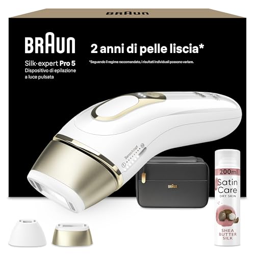 Braun Silk·Expert Pro 5 Epilatore Luce Pulsata, Epilazione a Casa, Alternativa All’epilazione Laser, con Custodia, 2 Testine, Idea Regalo, Bianco/oro, Pl5140 e Satin Care Gel per Depilazione Karite