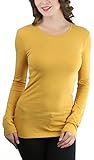 ToBeInStyle Women's Cotton-Blend Crew-Neck Staple Top With Long Sleeves (Small, Mustard)