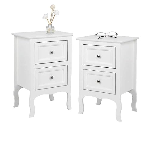 Bonnlo White Nightstand Set of 2, Nightstands with 2 Drawers, Bed Side