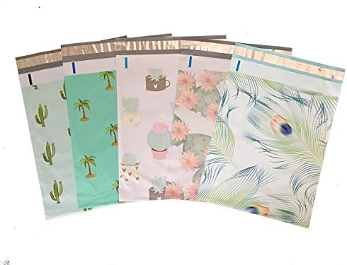 Designer Poly Mailers, Variety Pack, 10x13: Mint Cactus, Succulents, Palm Tree, Flowering Cactus, Peacock, Self Seal Adhesive, Tear-Proof, Envelope, Bag (30 Pcs Total)