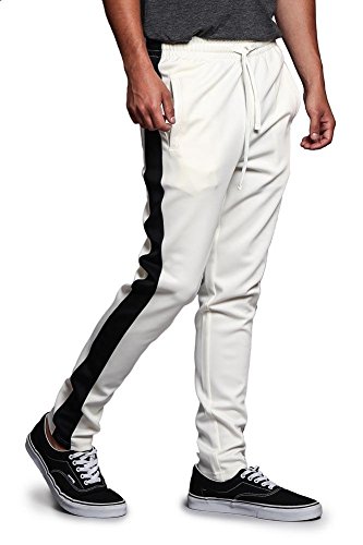 G-Style USA Men's Regular Cuff Non-Ankle Zip Contrast Outer Side Stripe Slim Fit Stretch Drawstring Track Pants TR522 - Off-White/Black - 3X-Large - S1C