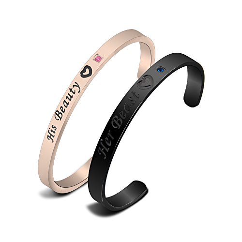 Ensianth Her Beauty His Beast Bracelets Stainless Steel Matching Set Cuff Bracelet for Couple,His and Hers Bracelet (Her Beauty His Beast)