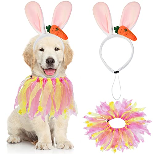 GOYOSWA Hunde-Oster-Outfit, Osterkostüm, Osterhasenohren, Hundehalsband mit rosa und gelben Bändern, Urlaubs-Hundekostüme für kleine, mittelgroße und große Hunde (Rosa)