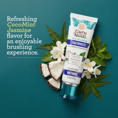 GuruNanda Hydroxyapatite Toothpaste for Whitening with Neem & Xylitol, SLS & Fluoride Free (4 Pack) - Freshens Breath, Fights Plaque - with 2 Toothbrushes, 2 Tongue Scrapers & 2 Tube Squeezers