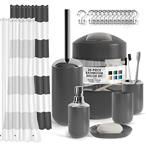 Clara Clark Bathroom Set - Black Bathroom Accessories Set, 20PC Bathroom Accessory Set, Shower Curtain Set with Liner, Toothbrush Holder, Soap Dispenser, Soap Dish, Toilet Brush Holder, and Trash Can