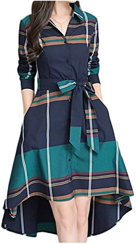 [ライオンガーデン] チェック フィッシュテール ワンピース アシメントリー リボン フレア S ~ 2XL レディース