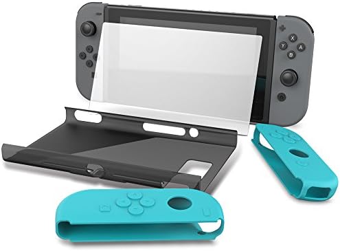 Collen Case for Nintendo Switch, 4-in-1 Accessories Bundle Console Set with Joycon Silicone Gel Soft Case x2, Tempered Glass Screen Protector x1, Hard Back Case Protective Cover x1