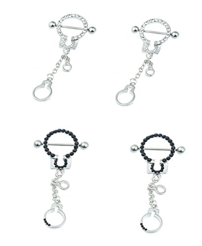 BODYA 2pcs! Nipple Shield Ring Bars Paved Gems Handcuffs Dangle Crime Body Piercing Jewelry Pair 14 Gauge Sold As Pairs
