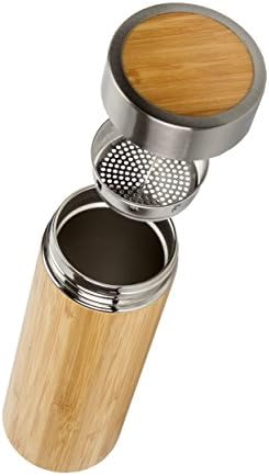 Bamboo Tea Infuser 15oz Tumbler Bottle | Insulated Double Wall Vacuum Stainless Steel Drinking Travel Flask | Coffee, Tea, Fruit, Water, Hot or Cold Drinks | Gift, Office, Work, Natural, Stylish