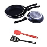 Uniqos Kitchen 5 Piece Premium Quality Non-stick Frying Pan Set (3 Frying pans plus Silicon Spatula, plus Slotted Turner)