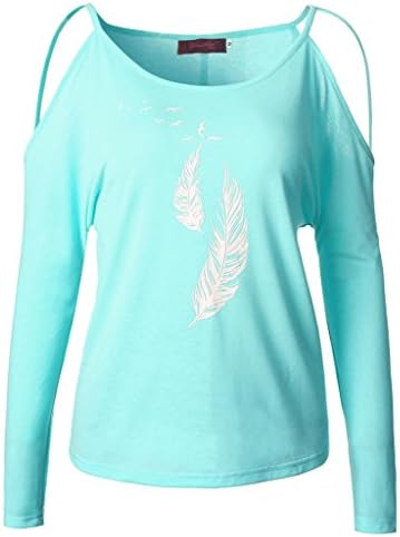 Nine Town Women Cold Shoulder Feather Printed Tie Blouse Long Sleeve T Shirt Top