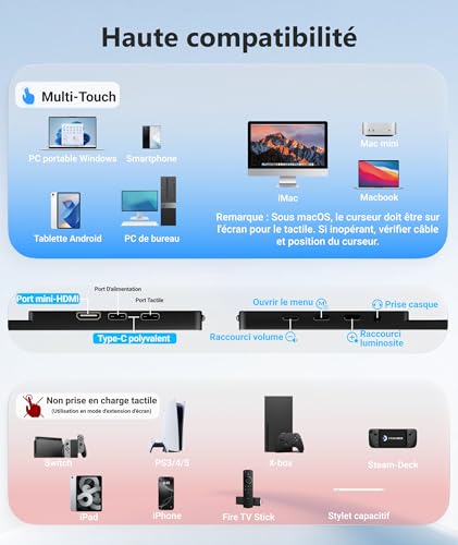 Ingnok Écran Tactile Portable 15,6 Pouces Brillant FHD IPS Moniteur Portable avec Béquille/VESA, Ultra-Leger Ecran Portatif pour Ordinateur Portable/PC/Mac/PS3/4/5/X-box - Connectivité USB C et HDMI