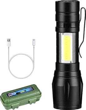 CHARTBUSTERS Metal Flashlight Torch with Built in Battery and USB Cable , Black, Pack of 1 LED Flashlight, 1 Micro-USB Charging Cable, 1 Storage Box