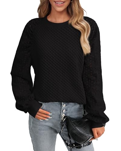 Photo 1 of PRETTYGARDEN Women's Tops 2024 Fall Eyelet Long Sleeve Crewneck Blouses Quilted Sweatshirts Loose Fit Pullover Shirts(Black,Small)