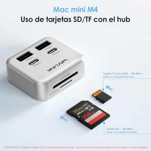 Mac mini M4 Hub | WAVLINK 6 puertos: 2 USB-C 10G, 2 USB-A 10G, lector tarjetas SD/TF 3.0 | Transferencia rápida y conexión múltiple para Mac mini M4 y M4 Pro