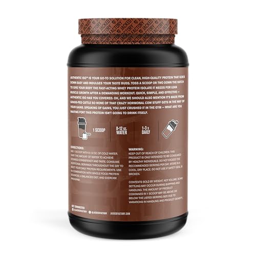 Jacked Factory Authentic ISO Grass Fed Whey Protein Isolate Powder - Low Carb, Non-GMO Muscle Building Protein w/No Fillers, Post Workout Recovery, Chocolate