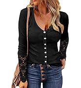 ROSKIKI Womens Crochet Lace Hem Button Down Ribbed Knitted Cardigan
