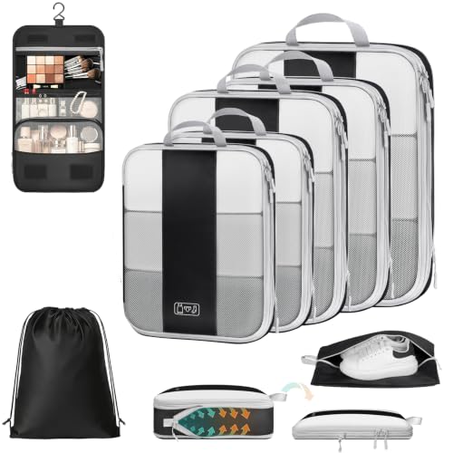 8 Piece Suitcase Organizer - Premium Polyester Compression Travel Bag, Compressive Storage Cubes with Hanging Toiletry Bag, Shoe Bag and Laundry Bag, Travel Accessories