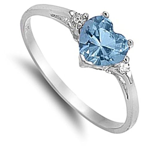 Sterling Silver Simulated Aquamarine Heart Ring - Solid 925 Silver, Size 6 - View #11