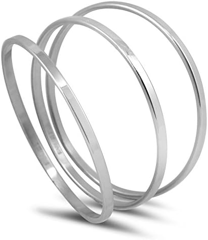 Stainless Steel Silver-Tone Three Stackable Girls Kids Bangle Bracelets, 2" inch diameter