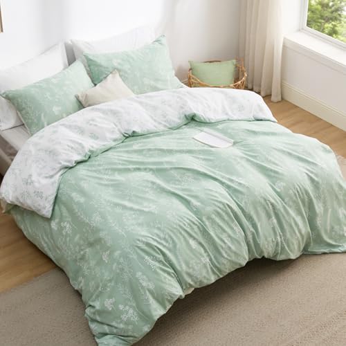 Funda Nordica Cama 150 - Juego de Cama Reversible de Poliéster Oeko-Tex, Funda de Edredón 220x230 cm y 2 Almohada 50x75 cm, Nórdica con Cremallera, Flores Verdes, Verde