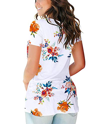 Women's T Shirts Short Sleeve V-Neck Loose Casual Basic Tee Tops Summer T-Shirt (Floral-White SYH, Medium)