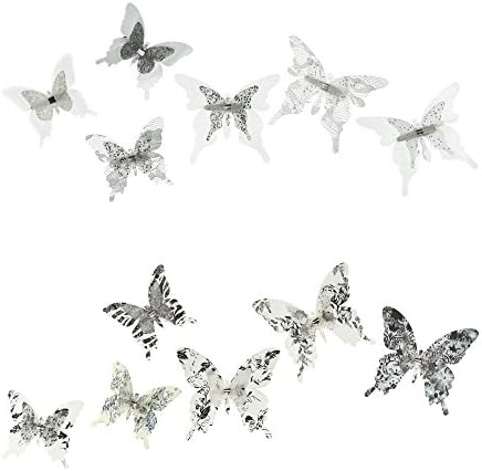 Roser Life Craft Butterflies⎮Decorative Artificial Butterfly Clips⎮Silk Fabric Butterfly Decorations⎮Floral Butterflies⎮Handmade Vintage Ornament⎮Party Garden Outdoor Decor Black White (Pack of 12)