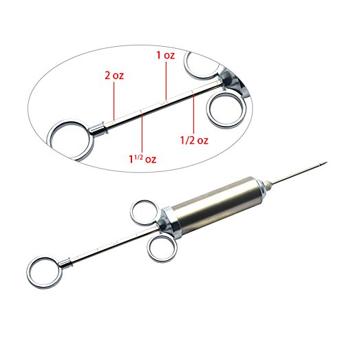 Hotloop Stainless Steel Meat Injector, Flavor Injector Syringe Kit with 2-oz Large Capacity Barrel & 3 Marinade Needles for Turkey, Pork Loin, Beef, Bratwurst, Hot Dogs , Cupcakes or other Desserts