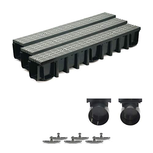 3m Entwässerungsrinne Terrassenrinne, System A15 148mm Stegrost Kunststoff, grau-line, komplett SET