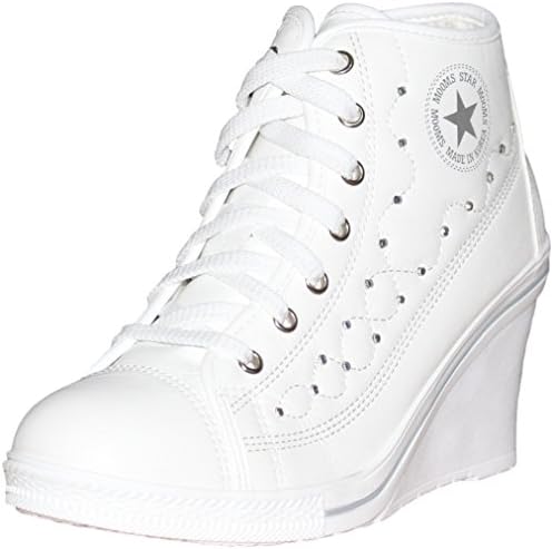 MOOMS STAR Women's Lace up High Heel Wedge Side Zipper Cubic zirconia Fashion Sneakers MultiShoe (7.5 US Women, White)