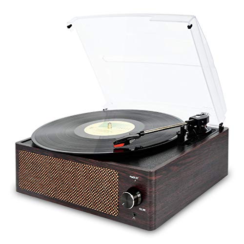 Bluetooth Record Player Belt-Driven 3-Speed Turntable, Vintage Vinyl Record Players Built-in Stereo Speakers, with Headphone Jack/ Aux Input/ RCA Line Out, Brown Wooden
