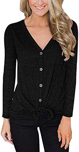 Blouse Women QUINTRA Casual Baggy V Neck Long Sleeve Knit Tie Front Button Down Shirts Tops(S-3XL)
