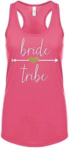Bride Tribe Arrow and Glitter Heart Tank Top (Large, Hot Pink)