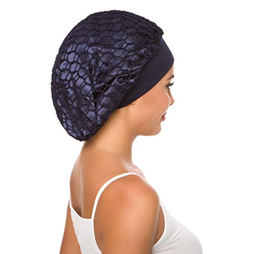 Women's Vintage Full Head Crochet Hair Net Snood Sleep Bonnet Cap Hair Accessories (Navy Blue)