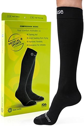 Compression Socks for Women &amp; Men - Best Premium Graduated Knee High - Increases Blood Circulation - Recovery - Sports, Running, Nurses, Flight Travel, Maternity, Pregnancy- M - L/XL By Base Socks