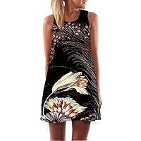 Fvjikne Women Rose Print Casual Summer Dress Sleeveless Round Neck Boho Chiffon Dresses Silver XL