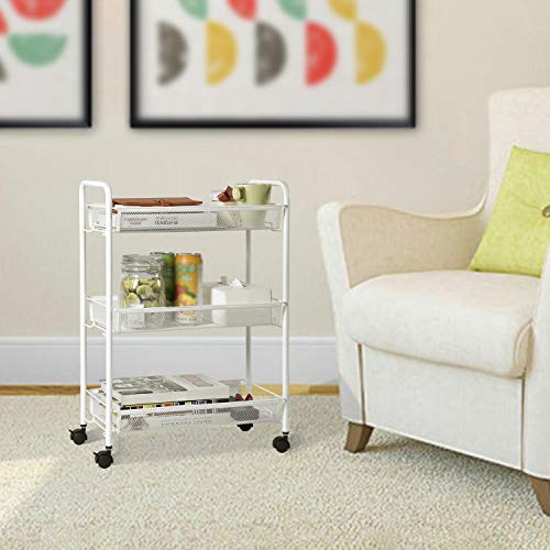DESIGNA Rolling Household Trolley Cart, 3 Tier Slim Mesh Wire Utility Carts with Easy Moving Wheels, Steel Wire Shelves Storage Cart for Home Kitchen Bathroom Multi-Function, White