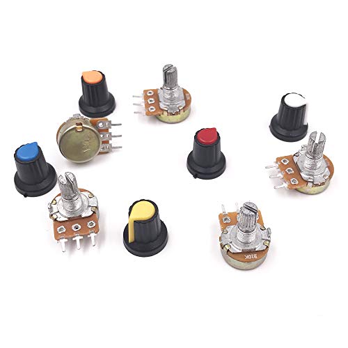 Seloky 20 PCS 10K Ohm Knurled Shaft Linear Rotary Taper Potentiometer with Five Kinds Knob(WH148) Kit