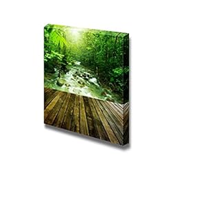 Wooden Platform and Tropical Mountain Stream with Sunbeam...