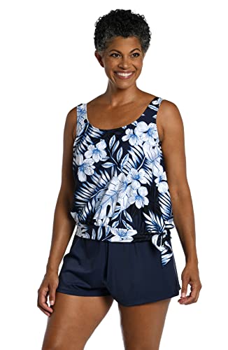 Maxine Of Hollywood Women’s Standard Side Tie Scoop Neck Banded Tankini Swimsuit Top, Indigo//Moonlight Tropics, 14