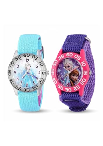 Disney Frozen 2-Pack Watch Set for Kids Ages 4–7 – Featuring Elsa and Anna Snowflake Dial Designs – Pink and Black Bezels with Blue and Purple Nylon Straps – GET 2 Mystery Bonus Watches