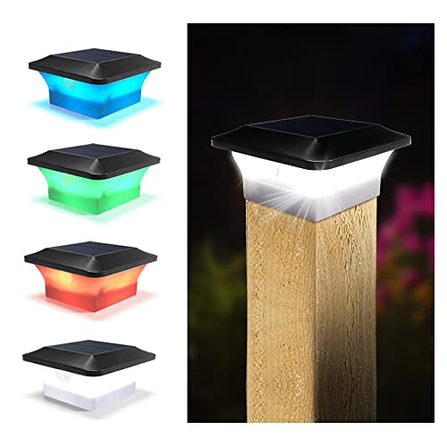 GEYUEYA Home Solar Post Lights Solar Fence Lights Outdoor LED Cap Lights for 3x3 4x4 Wooden Posts Decoration RGB Cool White Waterproof Lamps for Garden Door Decking Patio Yard Porch Walkway- 4 Pack