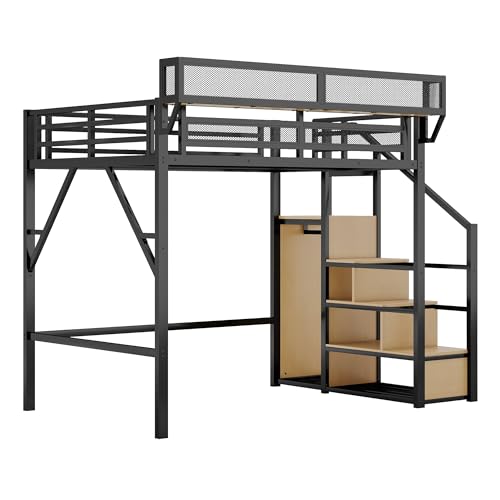 Photo 1 of *PARTIAL SET*
KEIKI Full Size Metal Loft Bed Frame with Convertible Staircase, Built-in Storage Shelves & Wardrobe, Loft Bed with Solid Slats & Guardrail, No Box Spring Required, Easy Assembly, for Bedroom, Black